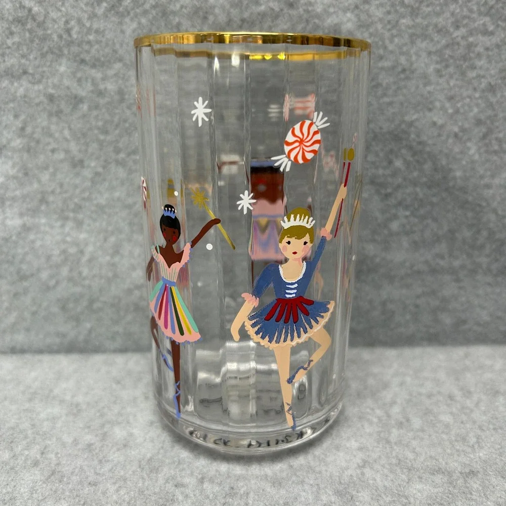 Rifle Paper Co for Anthropologie Nutcracker Juice Glass Set of 4 Gold Rim Fluted